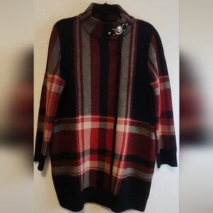 ANNE KLEIN Plaid Sweater Cardigan Coat - Red and Black